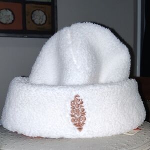 White Fleece Beanie with Embroidered Detail